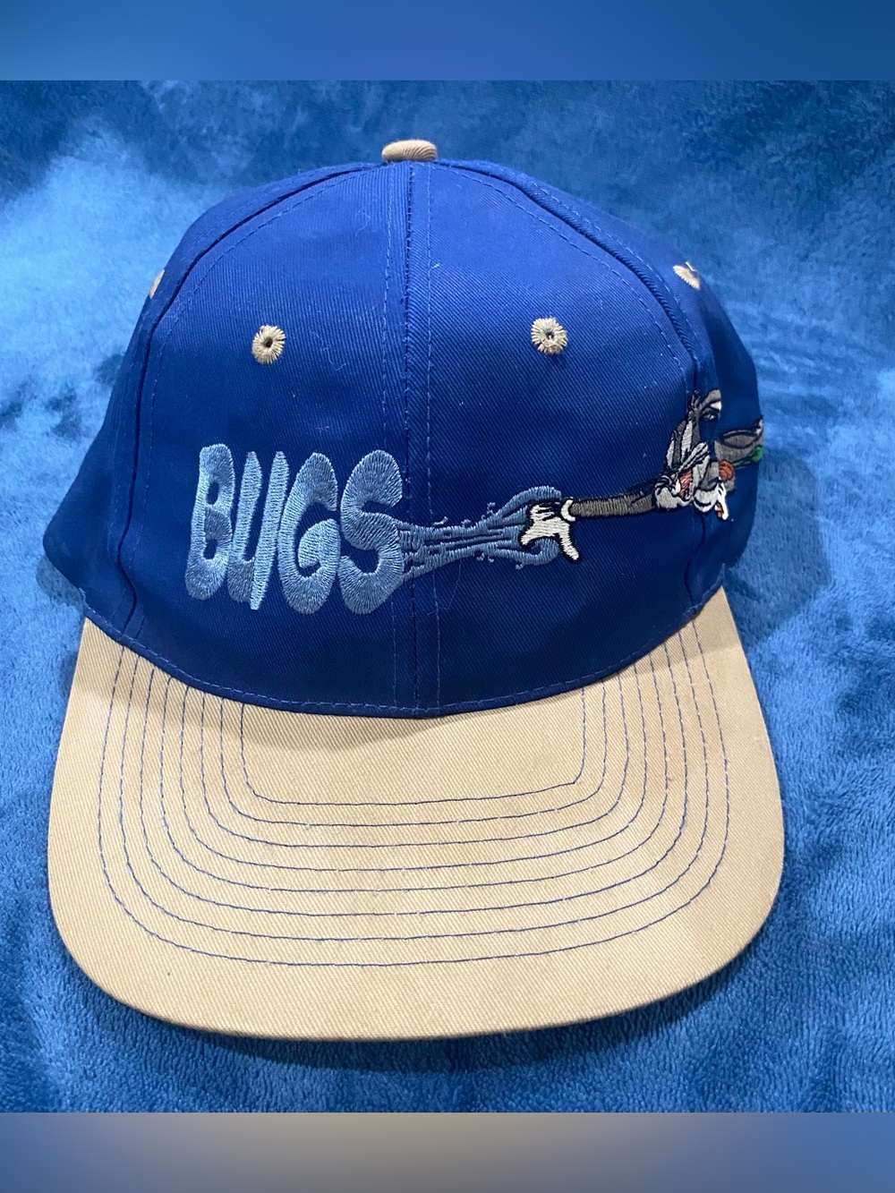Vintage 1995 Looney Tunes Bugs Bunny Snapback Hat Warner Bros Blue Cap 90s